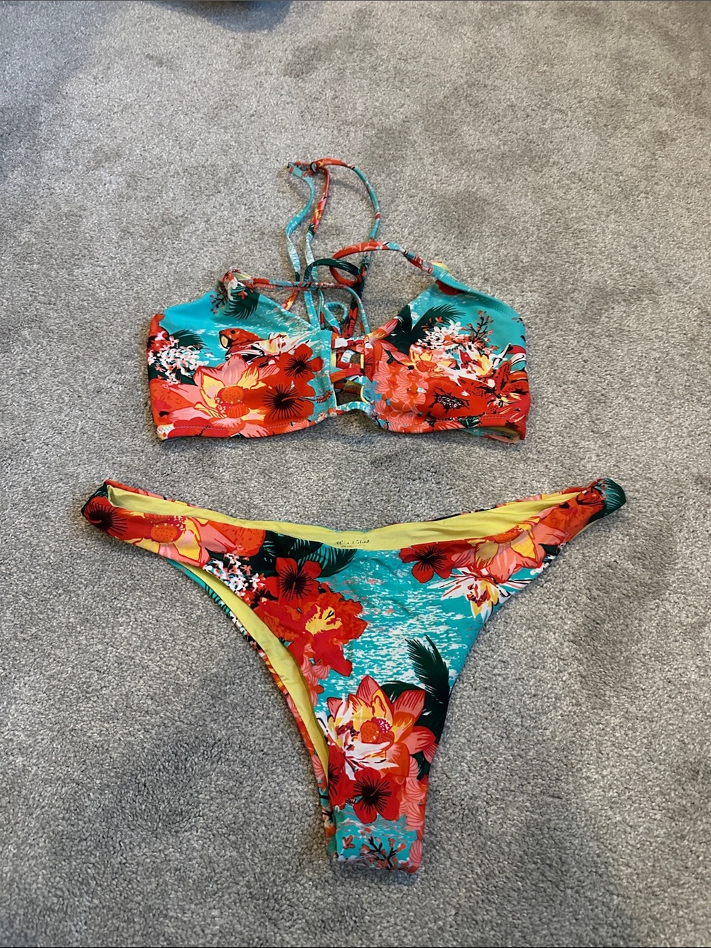Turquoise Floral Lace-Up Bikini Set